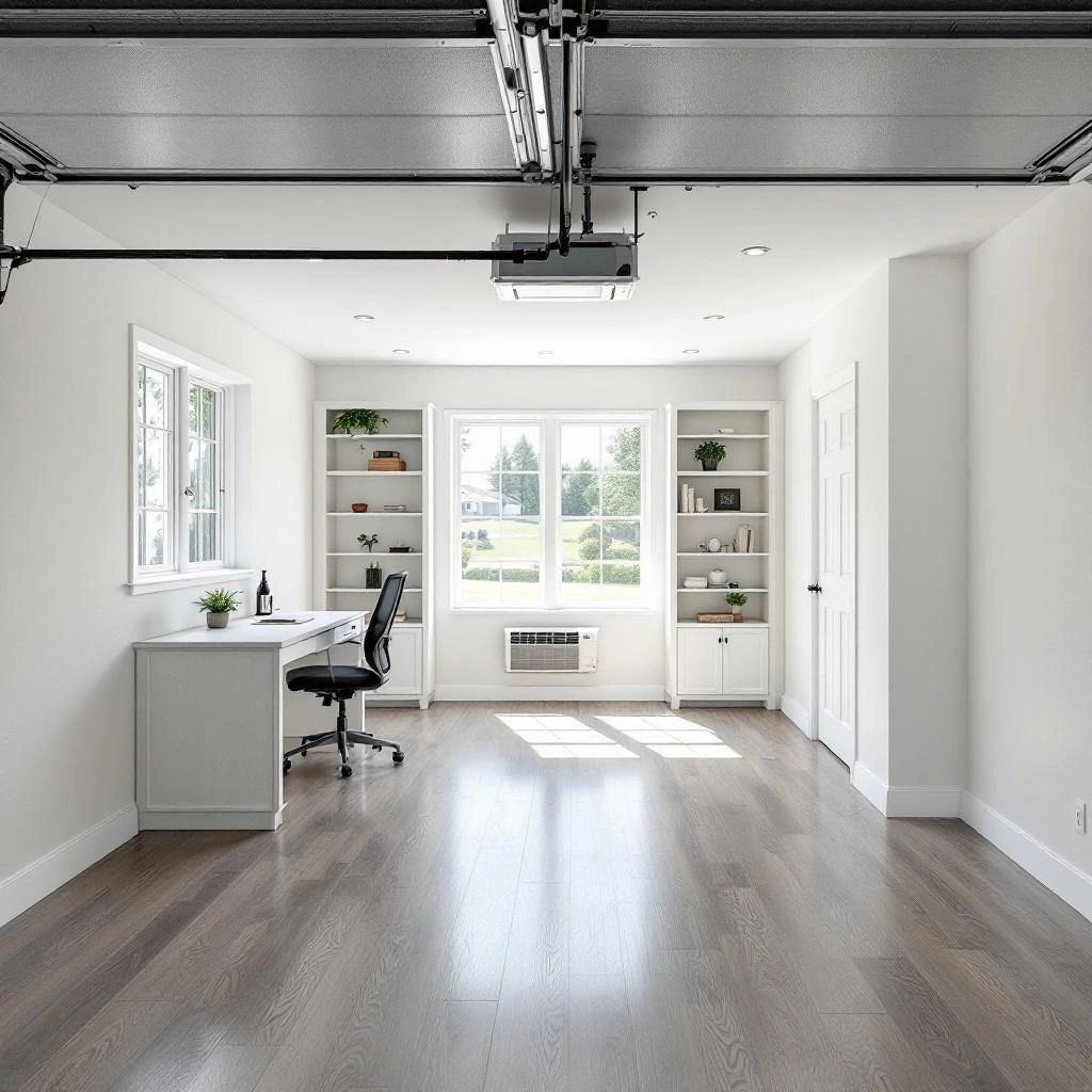 Converted garage studio with vinyl plank flooring and exposed beams
